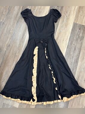 Vintage Black Dress 50s with Beige Ruffle Trim